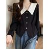 French High-end Doll Collar Shirt for Women In Autumn Casual Waist Fashion Versatile Lapel Long-sleeved Irregular Top