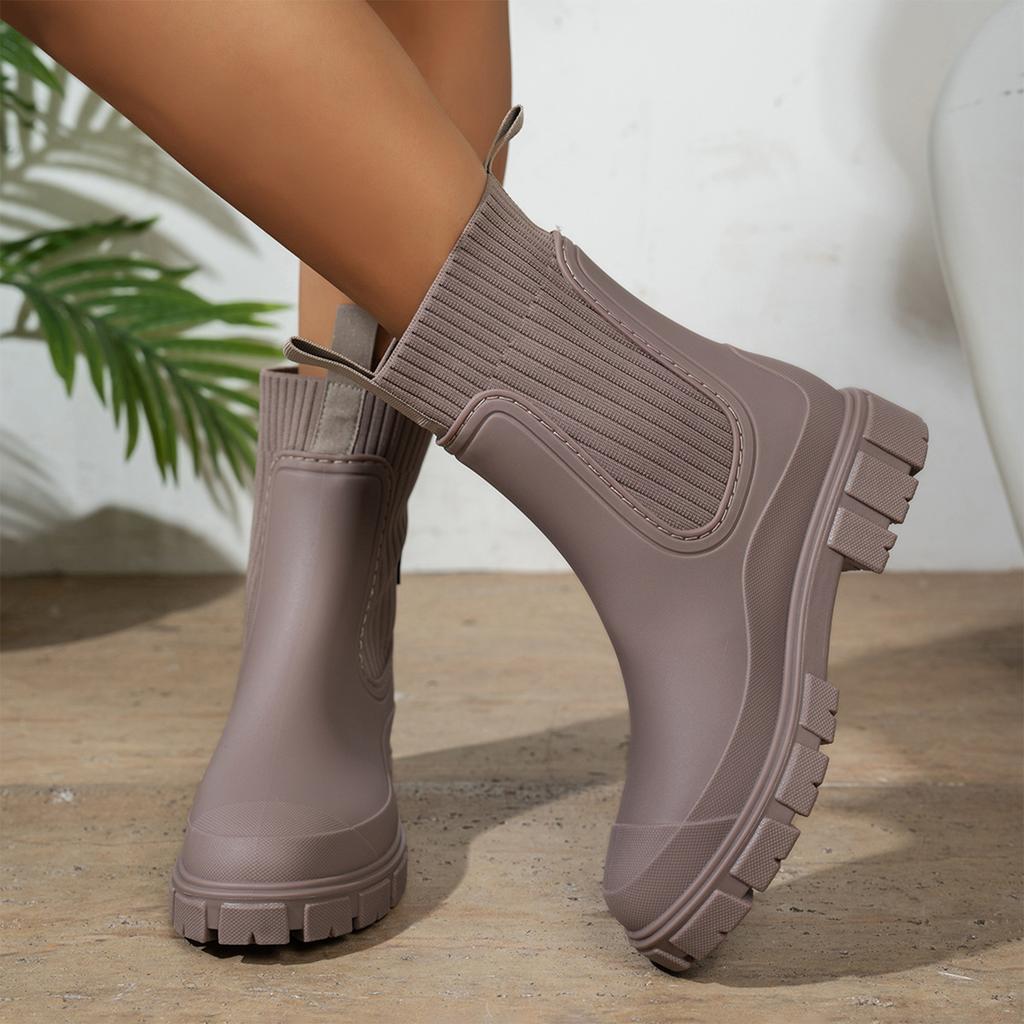 Women's Mid-Calf Rain Boots with Elastic and Thick for Outdoor Commute