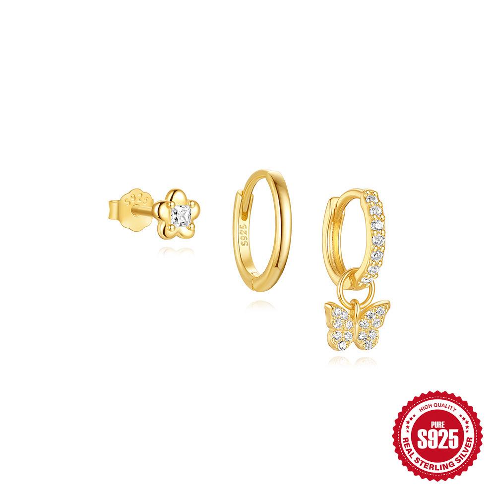 Einfacher Wind S925 Sterlingsilber Pferdeauge kombiniert mit Wassertropfen Zirkon Spleißen Schmetterling Stern Ohrringe Dreiteiliges Set