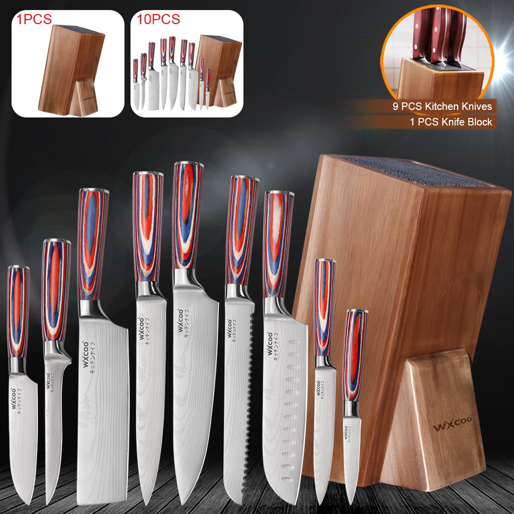 WXCOO Kitchen Universal Knife Holder Acacia Wood Kitchen Holder Stand Stainless Steel Kitchen Knife Set Meat Cleaver Cooking