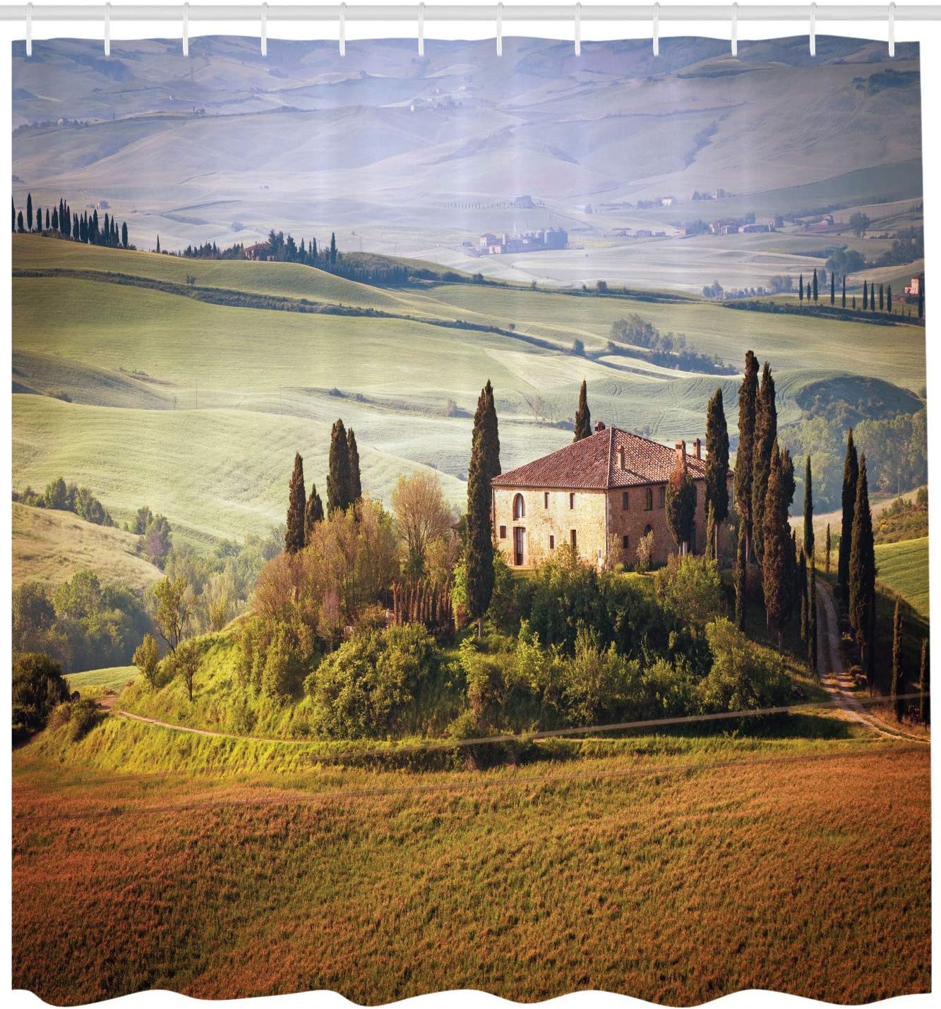 

Tuscan Shower Curtain With Hooks – Montepulciano Hills, Stone Villa & Cypress Trees, Green Taupe Italy Bathroom Decor W60H190(CM)-1 Pcs