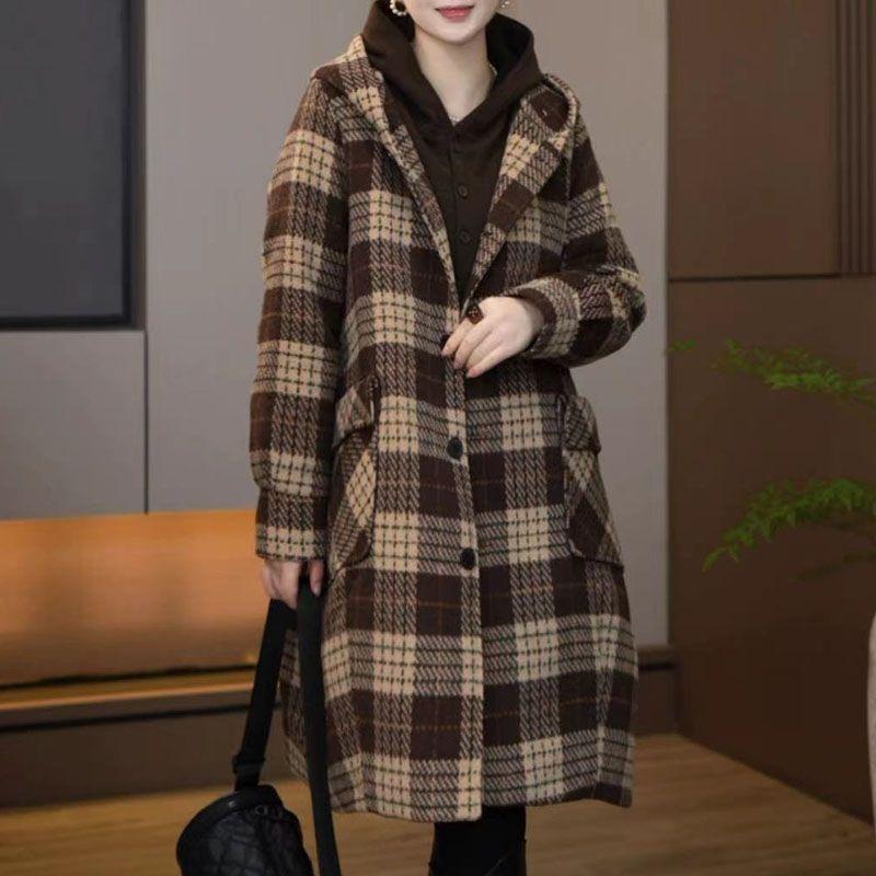 Women's Plaid Tweed Coat Hooded Mid Length Loose Plus Size Autumn Winter