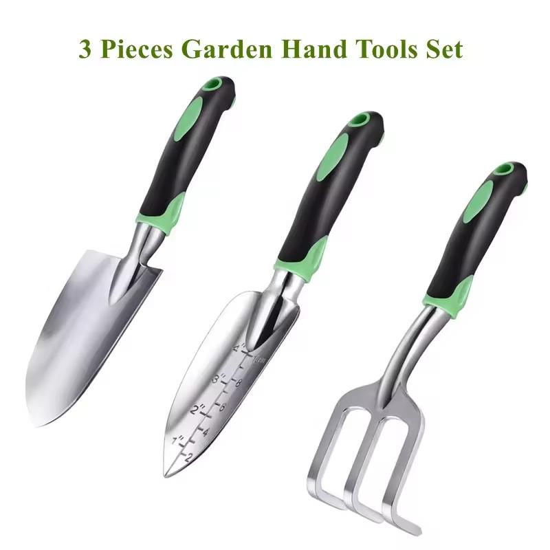 3 Pieces Rust Proof Heavy Duty Garden Hand Tools Trowel Transplanter Cultivator Rake Shovel