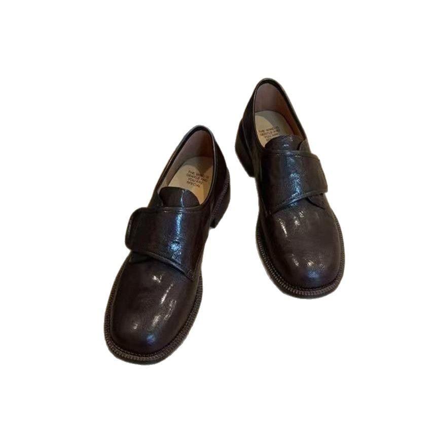 

Spot model~ [Variety Velcro] Sheepskin small leather shoes women s thick heel 3.5cm round head loafers women s single shoes 40