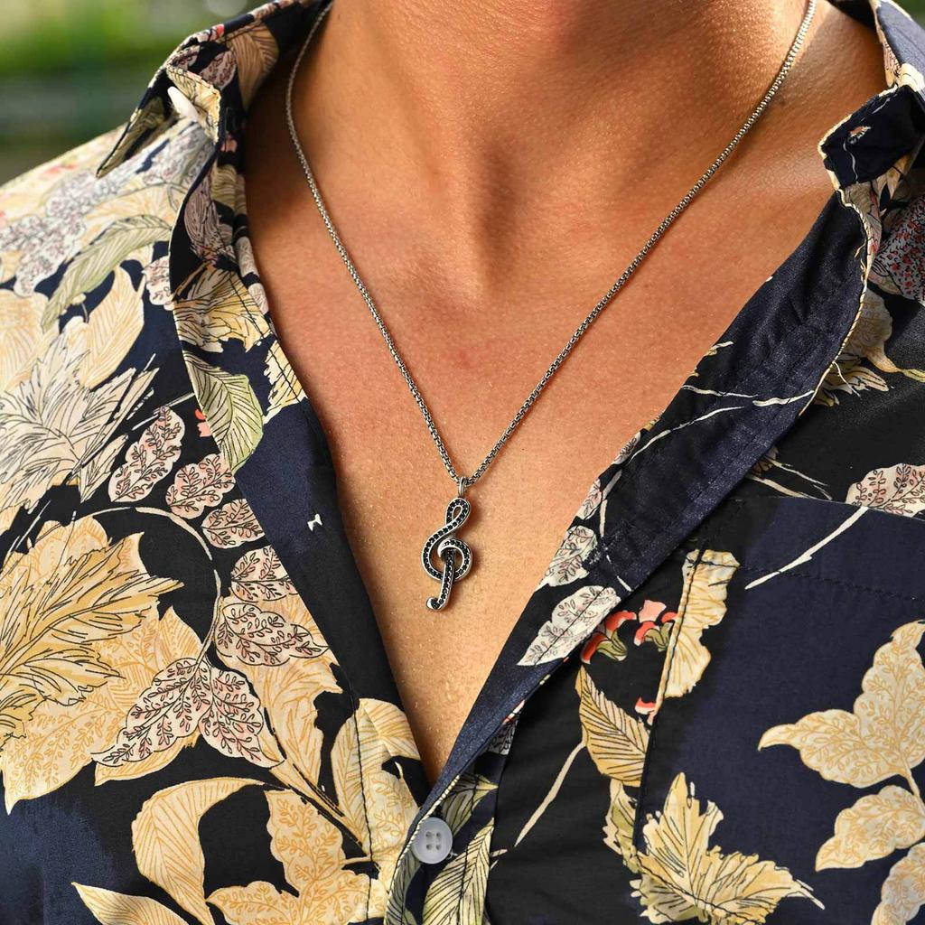 Vnox Stylish Music Symbol Necklace for Men Boys, Musical Note Pendant with Black/White Zircon Stainless Steel Box Chain Necklace