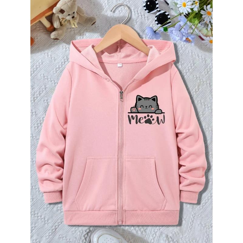 Girls Hooded Jacket Kids Grey Zip Up Hoodie Cute Peeking Gray Cat Meow Paw Letter Graphic Long Sleeve Pocket Casual