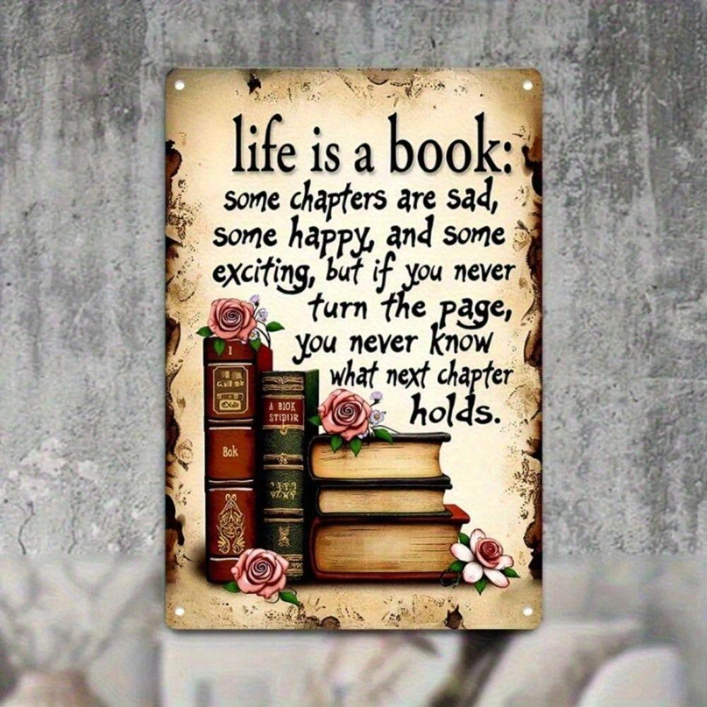 

Metal Wall Art Life Is A Book Red Rose Vintage Library Decor