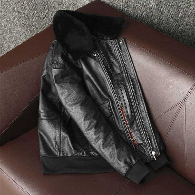 Men Genuine Leather Bomber Jacket 100% Top Grain Cowhide Winter Warm Flight Jacket Plus Size Padded Coat