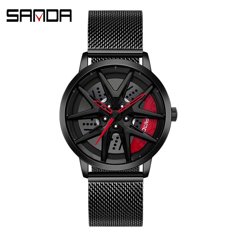 Sanda Men's Fashion Quartz Watch, Mesh Strap, Waterproof, Outdoor Casual, Hollow Wheel Dial.