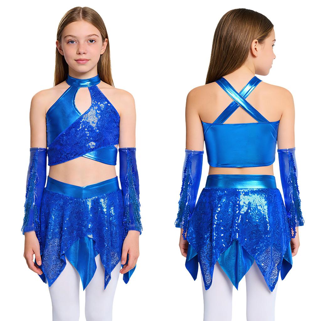 Dívčí jazzový taneční představení set: Crop top s kovovým leskem, zdobený flitry, s výstřihem ve tvaru křížové klíčové dírky, doplněný asymetrickou sukní a rukavicemi s flitrovanými třásněmi