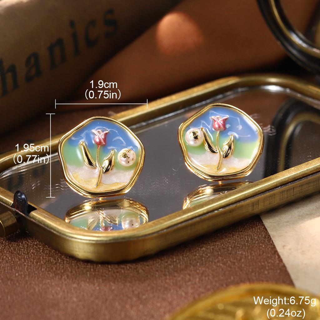 Monet Garden Oil Painting French Medieval Vintage Earrings Enamel Oil Drop Earrings Flower Natural Pearl Stud Earrings