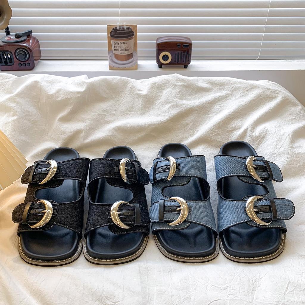 Fashion Black Soft Leather PU Flat Sandals Women Fashion Metal Buckle Slide Slippers Summer Light Non-Slip Beach Shoe Sandalias De Mujer
