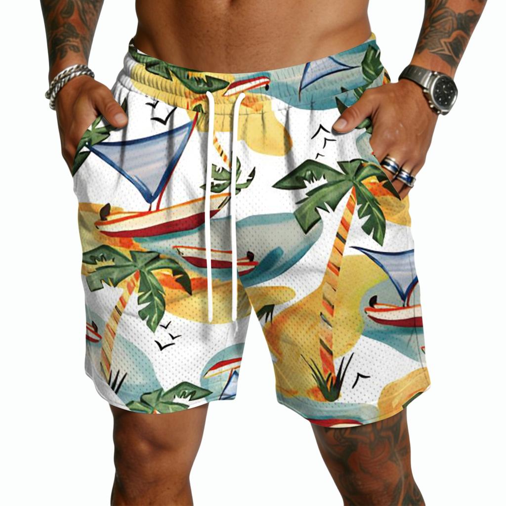 Men's Casual Drawstring Shorts Lightweight Quick-Dry Five-Point Hawaiian Print Beachwear Summer Bottoms with Elastic Waistband