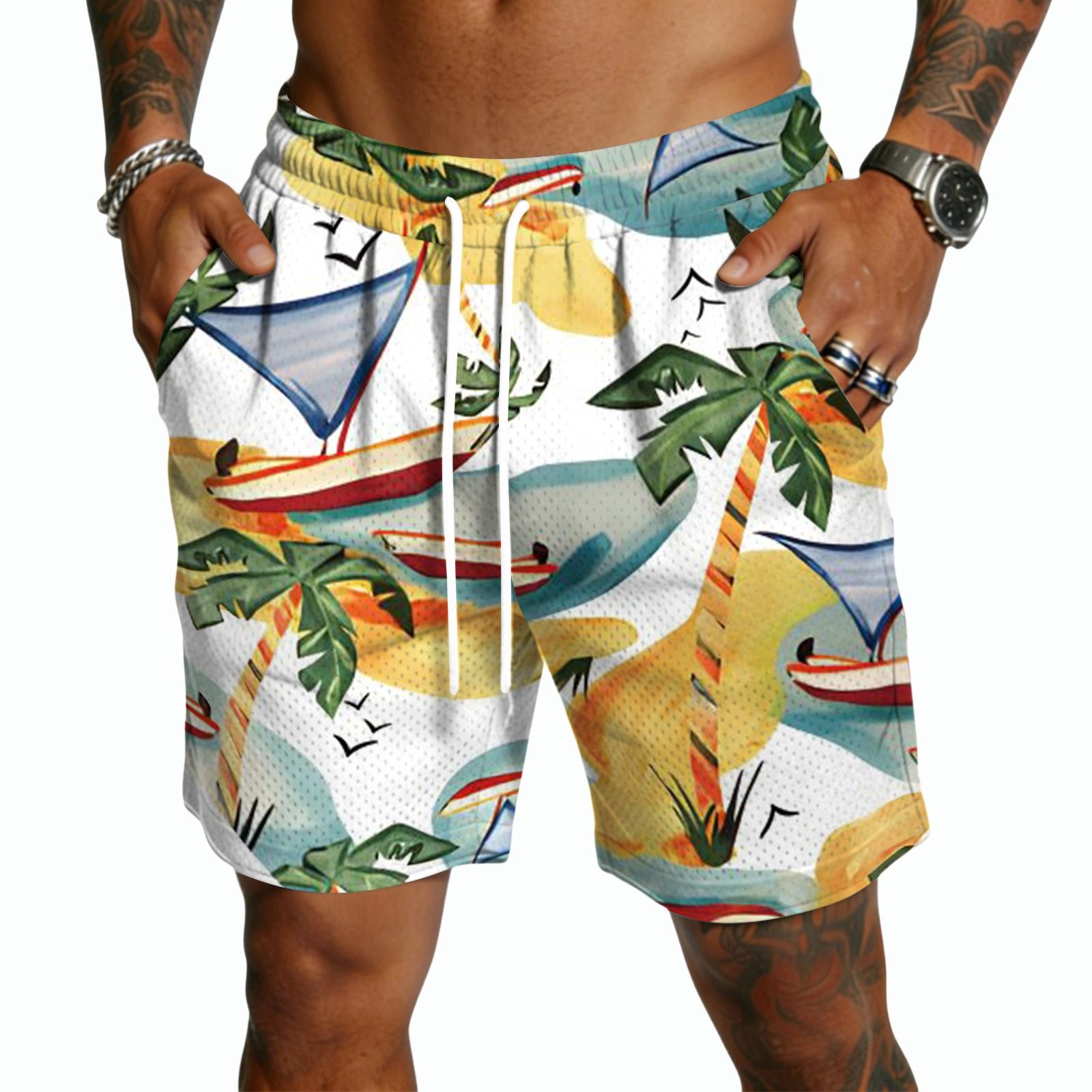 Men Drawstring Waist Casual Lightweight Quick Dry Shorts Hawaiian Print Elastic Waistband Summer Knee Length Pants with Pockets S зелёный