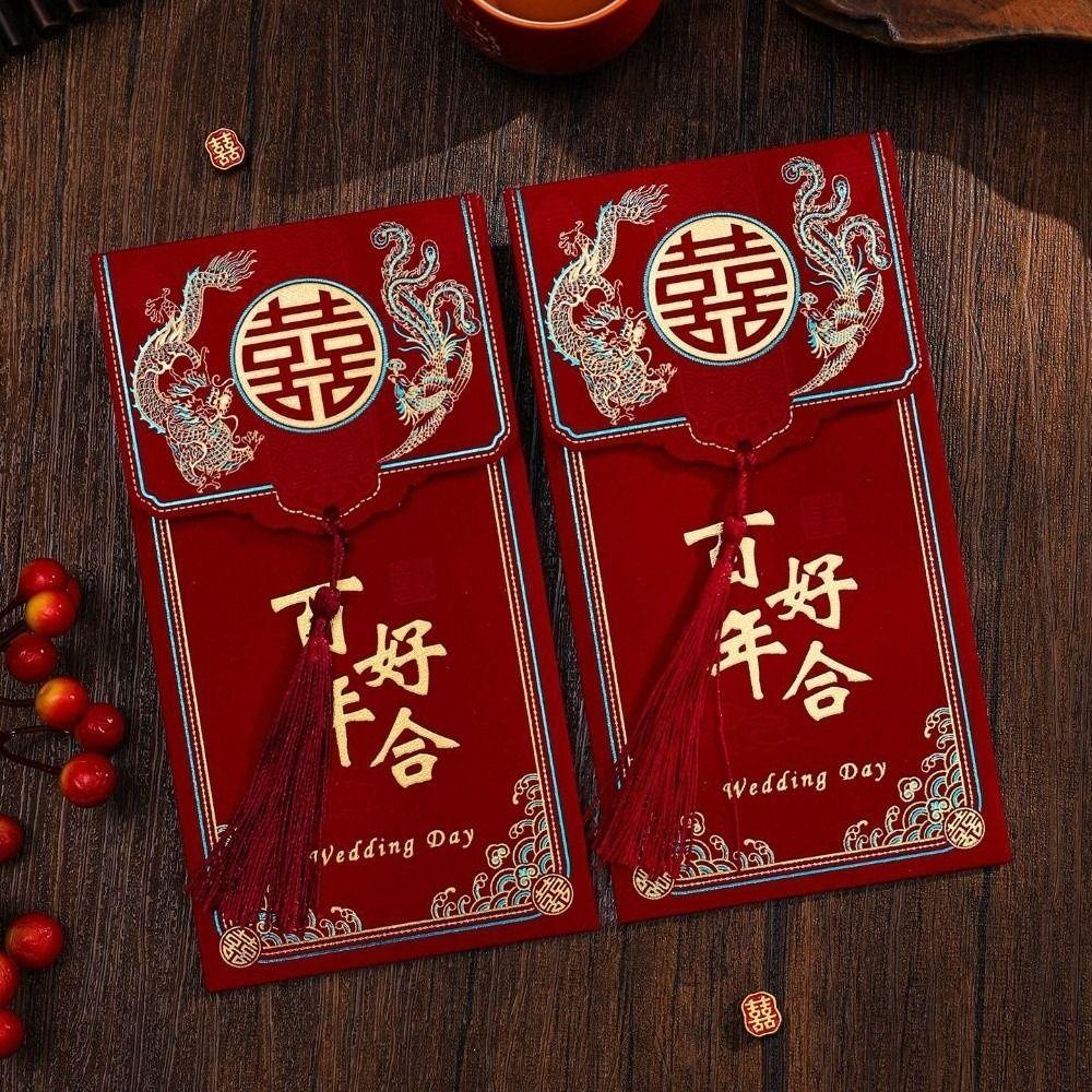 Çin At Yılı Yılbaşı Fiyonk Kırmızı Zarf Sıcak Altın Kalınlaştırılmış Çin Para Zarfı Hongbao Püsküller Kırmızı Paket Çocuklar
