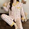 Spring and Autumn New Imitation Cotton Pajamas Women's High-end Plaid Long-sleeved Cartoon Embroidered Loungewear Two-piece Set