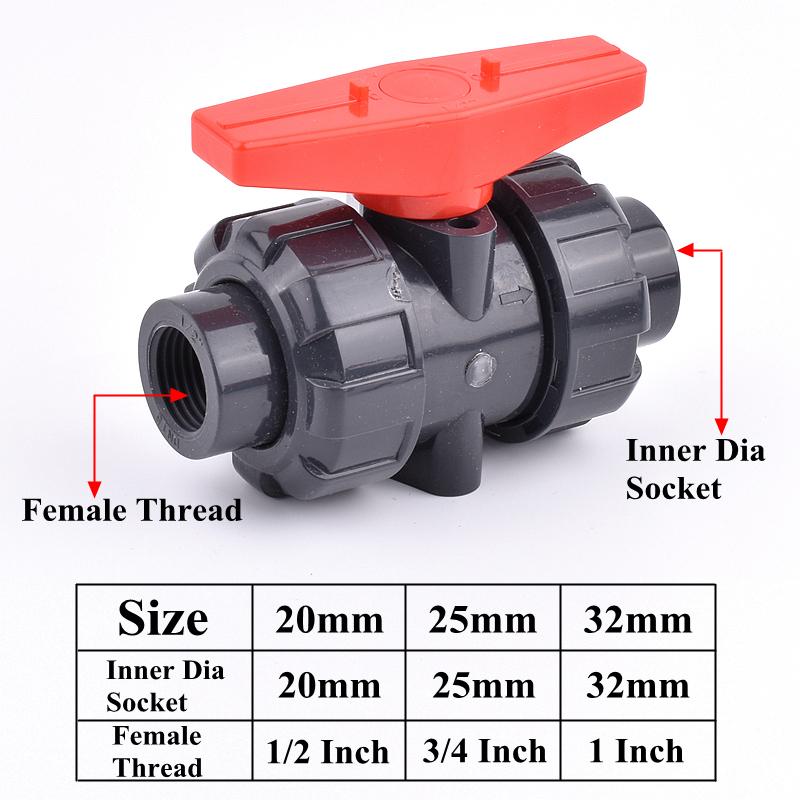 Grey 1/2 Inch~1 Inch Female Male Thread Union Ball Valve Garden Irrigation 20mm~32mm PVC Pipe Socket Water Control Valve