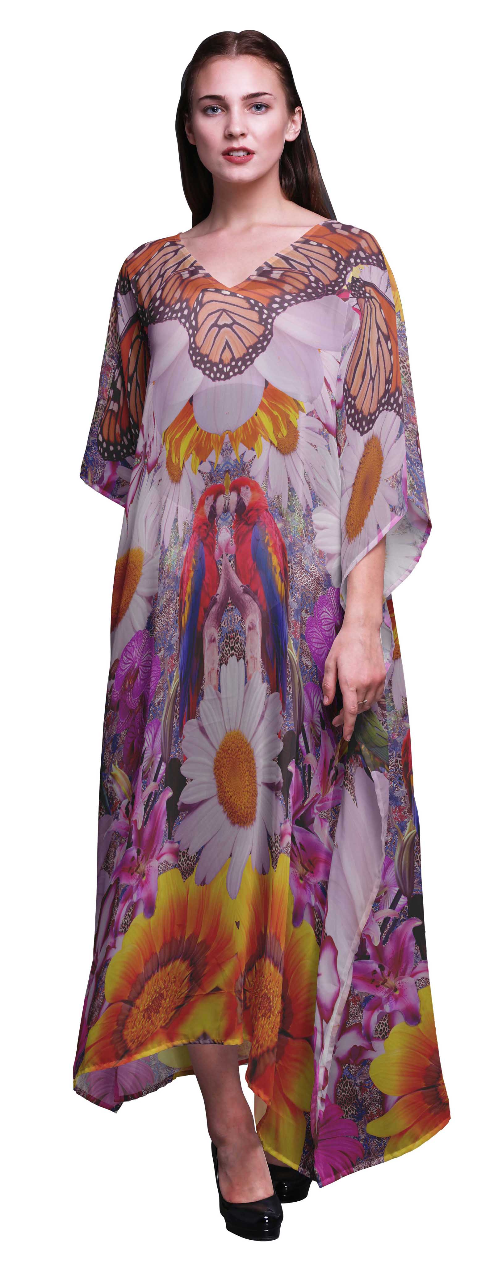 

Phagun Птахи та Квіти Жіночий Кафтан Великого Розміру Літній Одяг Пляжна Накидка Кімоно S-L помаранчевий