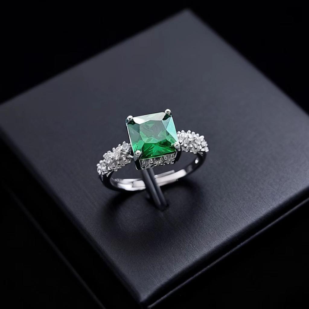 Jewelry imitation 8X8 square sapphire emerald ring, full diamond red corundum colored treasure ring