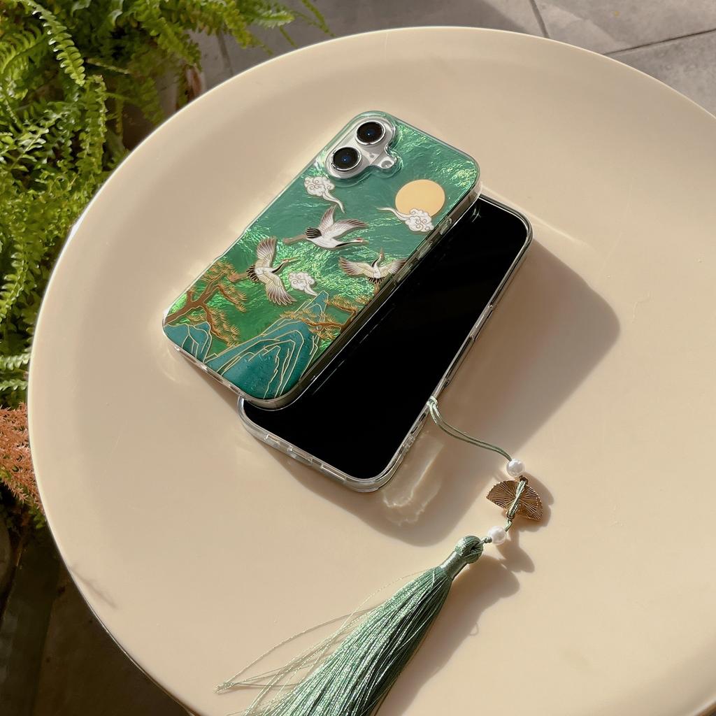 Auspicious INS Green Mountain Chinese Style Crane Tassel Dangle Phone Case for iPhone 17 16 15 14 13 Pro Max Back Phone Cover