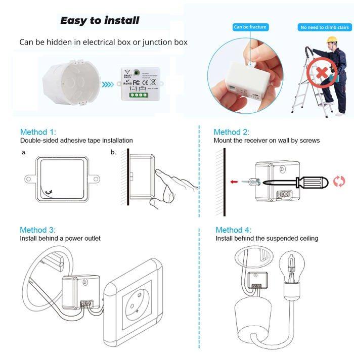 Interrupteur d'éclairage sans fil RF 433MHz - Kit 1 récepteur + 2 émetteurs, 7A 1500W, montage mural