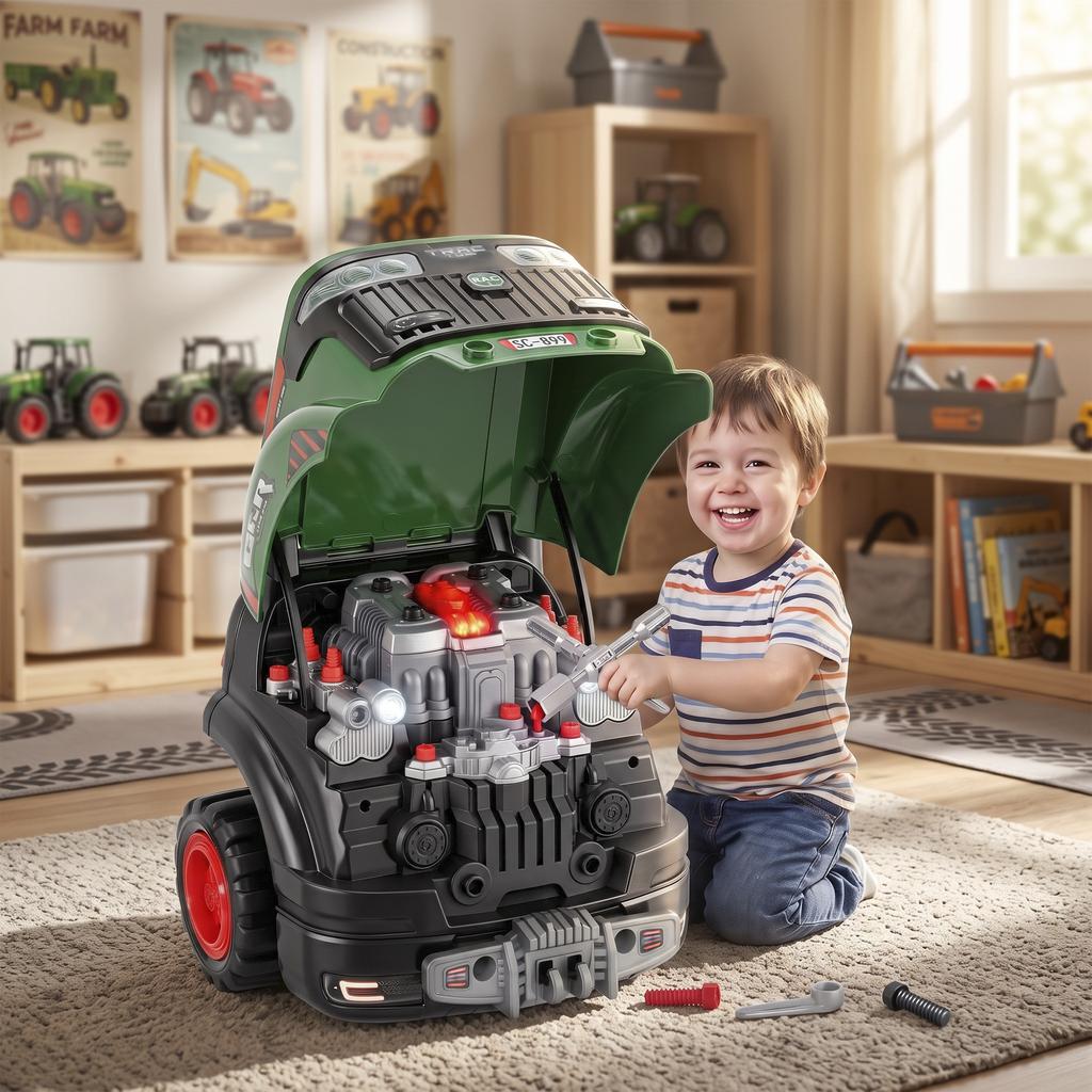 Children's Truck Engine Toy, Steering Wheel, Fog Effect, Sound and Light, Ages 3-6, Green