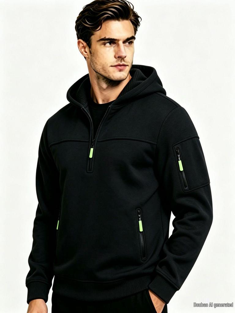Men's Half-Zip Multi-Pocket Ribbon Hoodie, European Size