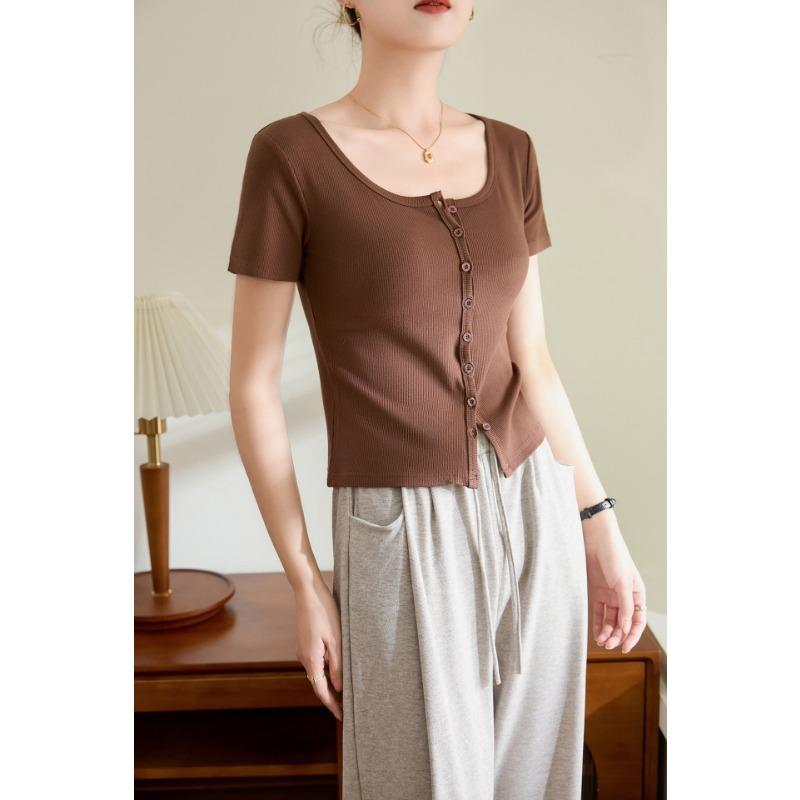 Women's Single Row of Buttons T-shirt Short-sleeved Summer New Threaded Cotton High-waisted Short Tops