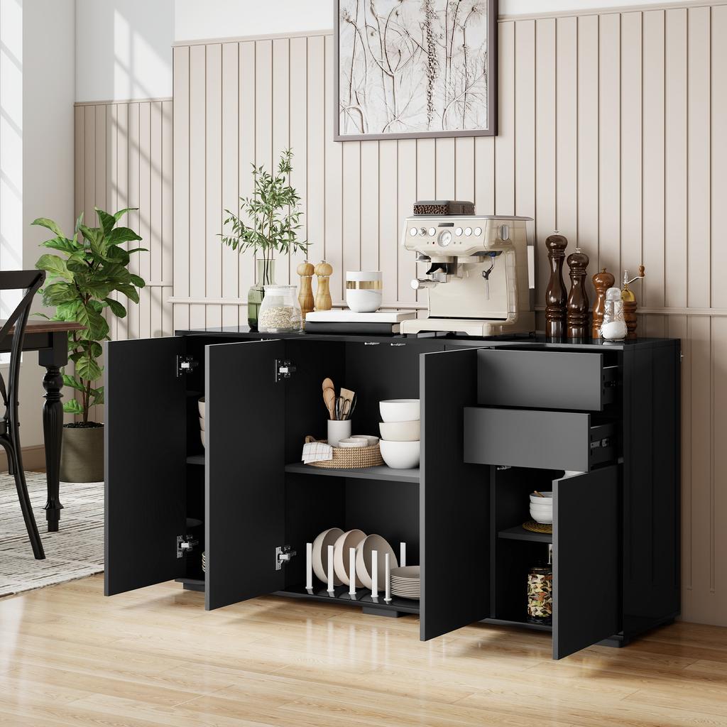 Sideboard Storage Unit, 2 Sliding Drawers, 4 Doors, Particleboard, 140 x 36 x 74 cm, Black
