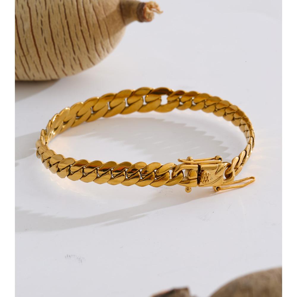 Yhpup Stainless Steel Cuban Chain Bracelet Bangle 18K Golden PVD Plated Waterproof Exclusive Style Personalized Jewelry Polished