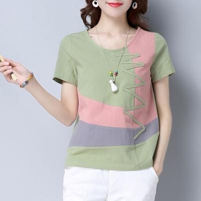 New Summer Literary Style Oversize Retro Loose Fitting Ethnic Round Neck Open Stitching Contrast Color T-shirt