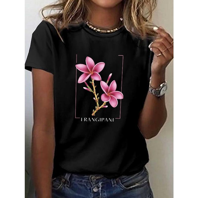 Plumeria Frangipani Botanical Art Print T-Shirt, Short-Sleeve Crew Neck Casual Top for Spring And Summer, Women S Apparel S чёрный