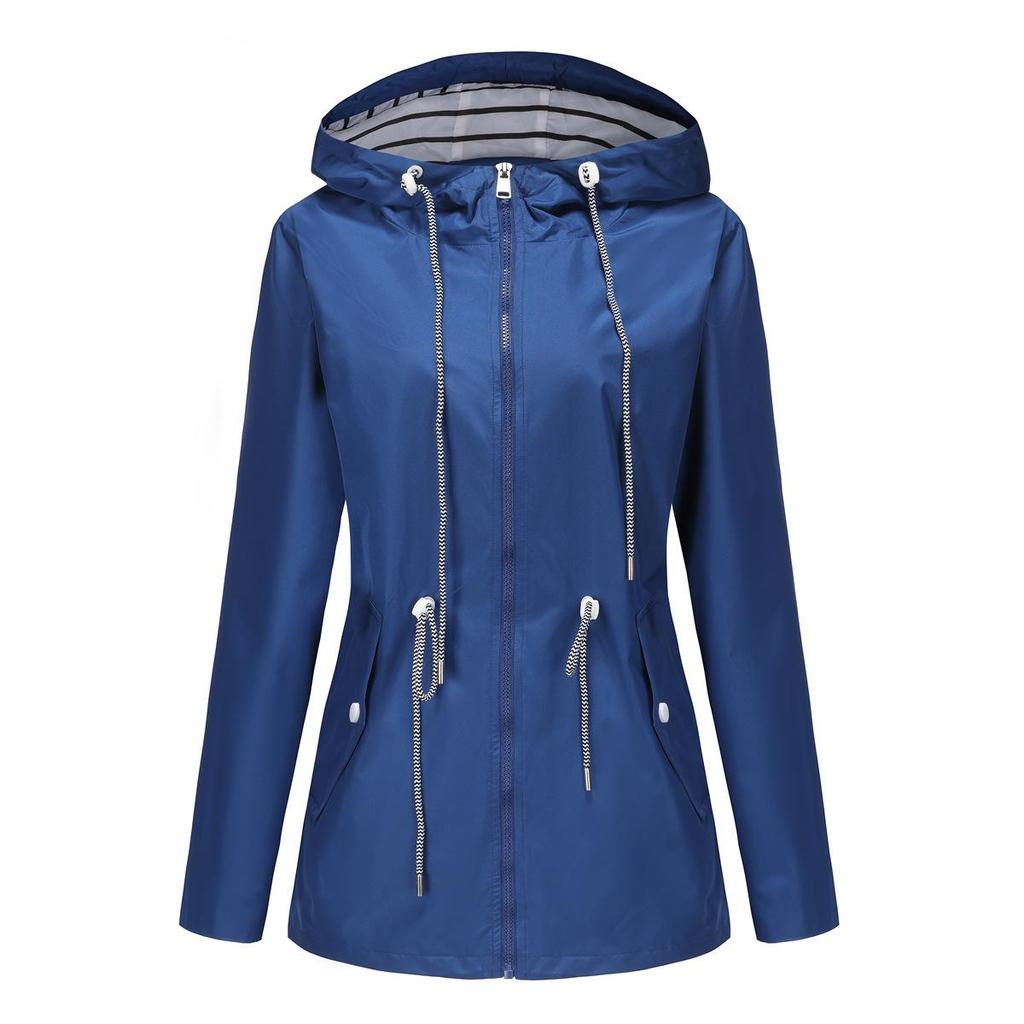 Long-sleeved Splash-proof Long Windbreaker for Women with Hood and Stripes Plus Size