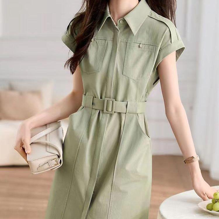 

Petite Women s Summer Polo Collar Utility Dress - Waist-Cinching, Straight Fit Skirt, New Style 2026 S [Recommended up to 95 lbs] зелёный