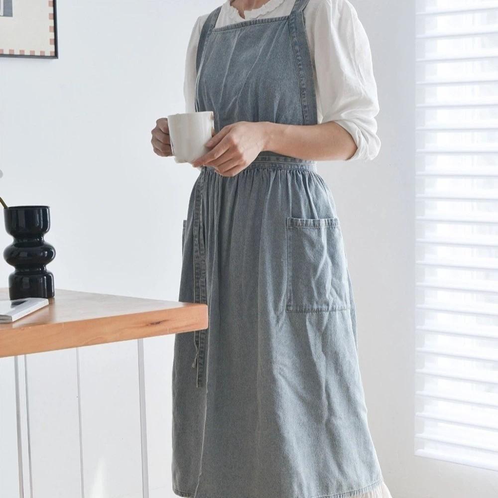 Cotton Vintage Denim Apron Stain-Resistant Cooking Apron Portable Cross Back Apron  Grilling