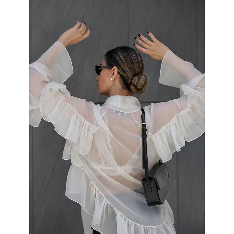 Western Style Fashion Temperament Frill Ribbon Sexy See-through blouse Top V-Neck Lace up Shirt