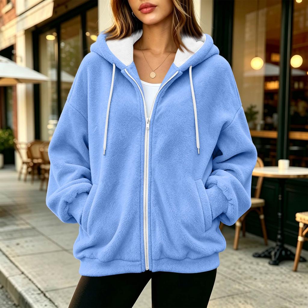 Damen Kapuzenjacke mit Reißverschluss, lockerer Schnitt, lange Ärmel, Farbe