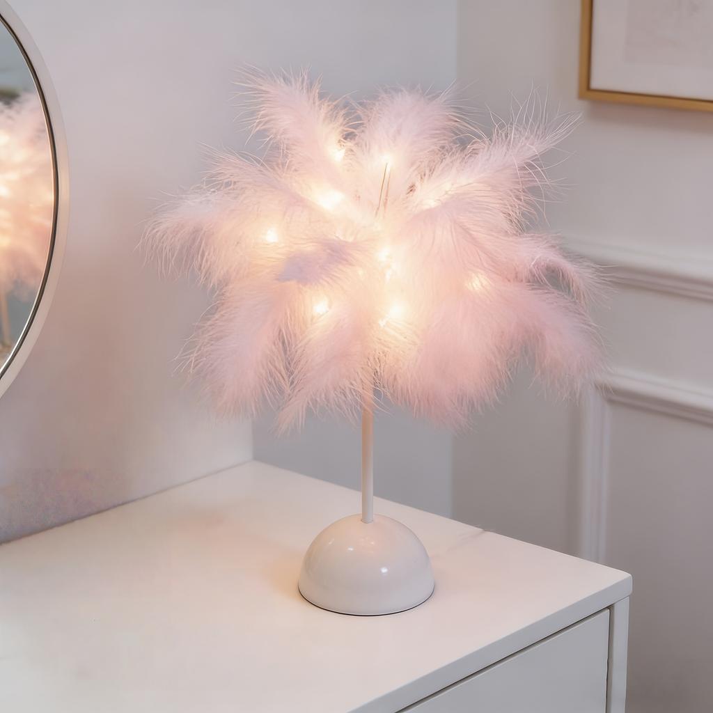 1PC Indoor Fairy Table Lamp, Pink Artificial Feather Lamp, Battery Powered, Romantic Fairy Tale Lamp, Bedroom and Living Room Decoration