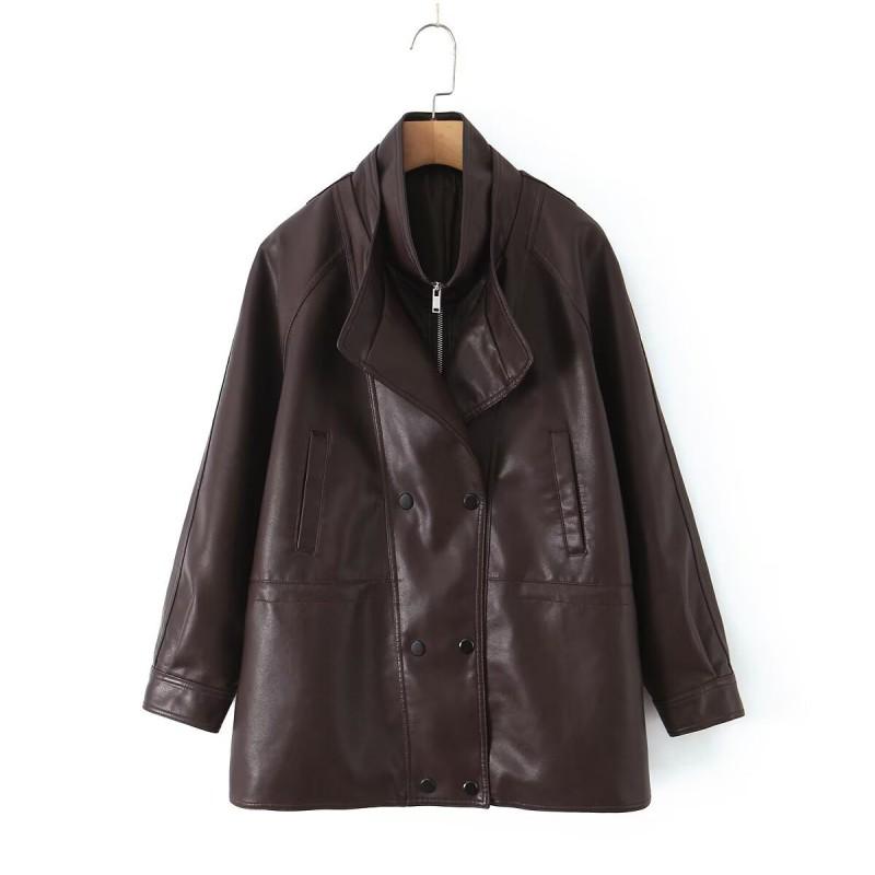 Unisex Double Collar PU Leather Biker Jacket Oversized Streetwear Outerwear Winter