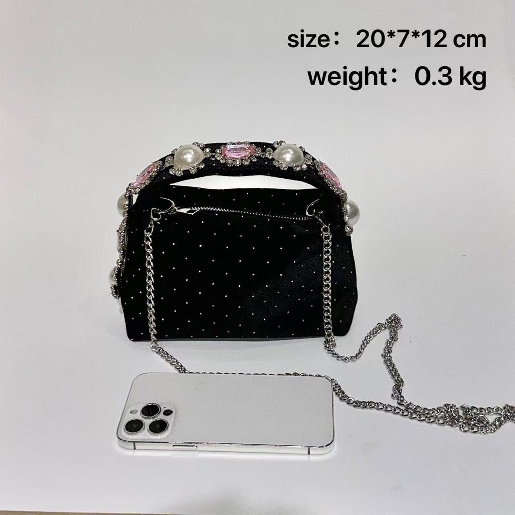 Elegant Pearl Velvet Women's Bag Luxury Rhinestone Evening Shoulder Bag Diamond Crystal Crossbody Bags for Women Wedding Handbag