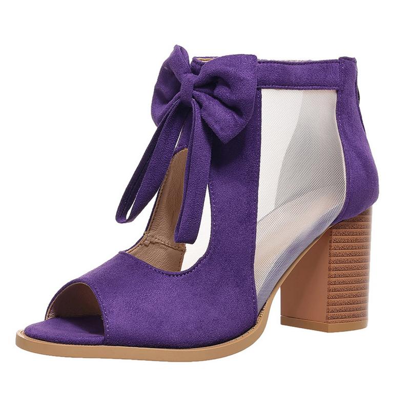 

Women Flock Bowtie Thick Heel Sandals Peep Toe Back Zipper Gladiator Sandals for Outdoor Office Nightclub Party Banquet Wedding 35 фиолетовый