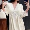 [Strict Selection] French Court Style Long-sleeved Nightdress with Chest Pad Elegant and Sweet Pajamas Satin Thin Loungewear Women's
