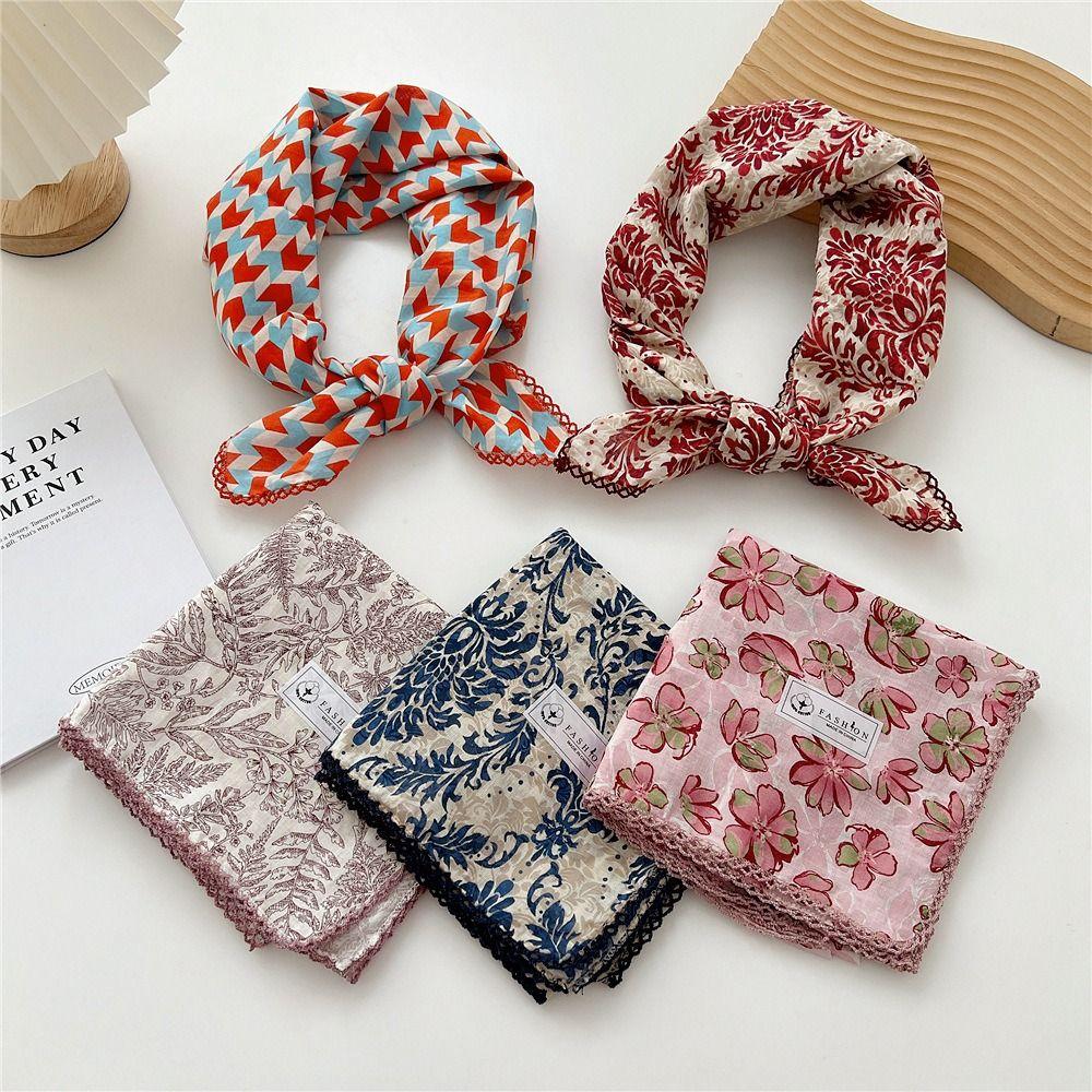 Flower Cotton Linen Print Scarves Floral Square Handkerchief Simple Small Square Scarf Female