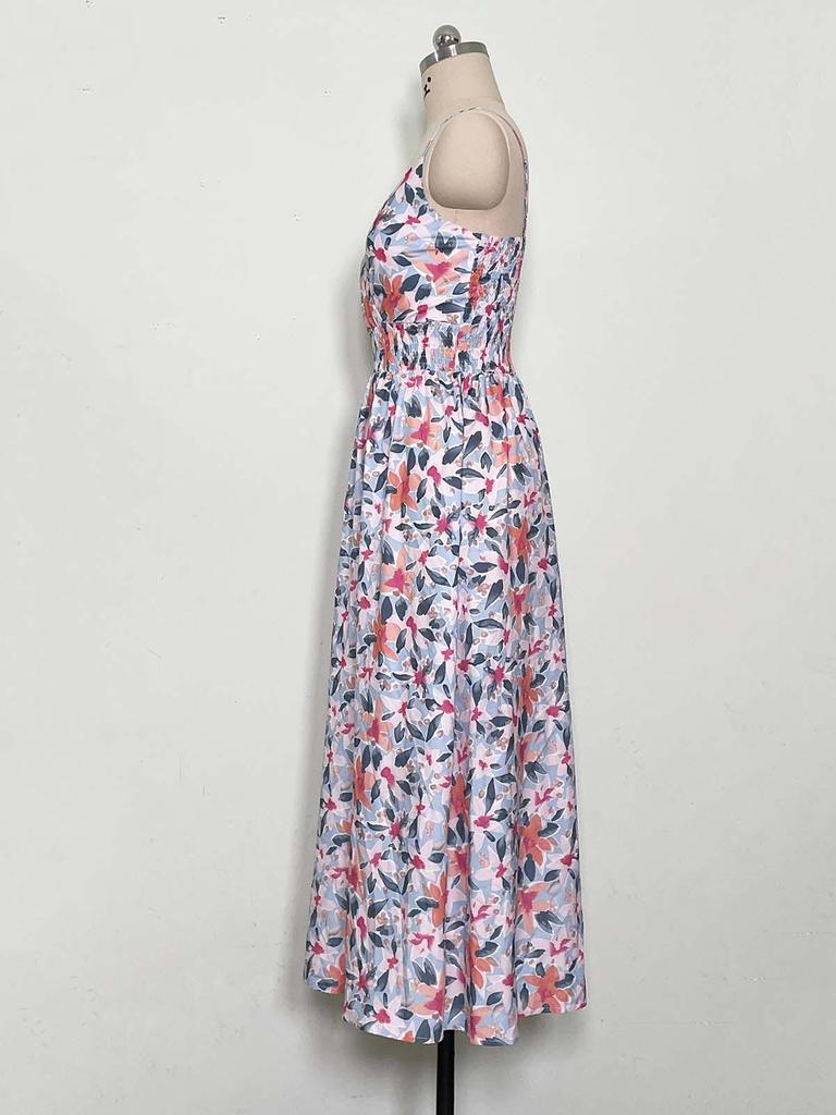 2023 Summer Bestseller: Women's V-neck Spaghetti Strap Print Dress - European & American Style, Waist-Cinching Design