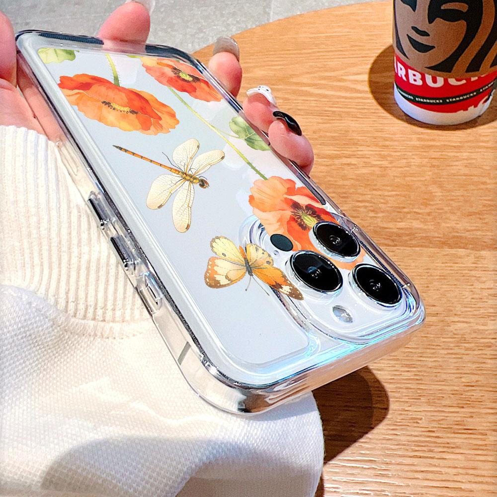 Orange Poppies with Dragonfly Lucency Phone Case for IPhone 14 15 16 13 12 11 17 Pro Max 12 13 Mini Soft Cover