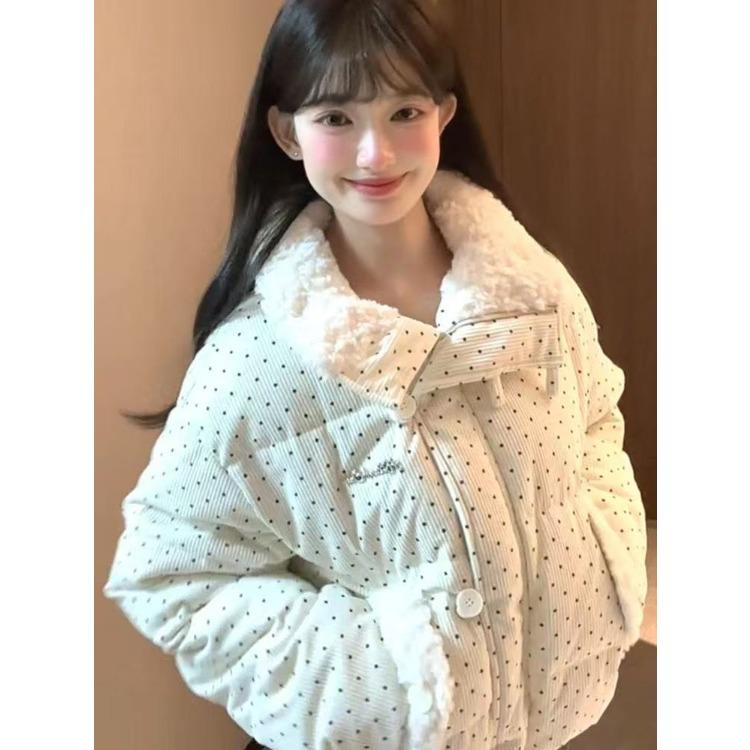 

Корейский стиль хлопковая куртка в горошек с зимним милым и толстым свободным коротким пальто XXL покинуть белый