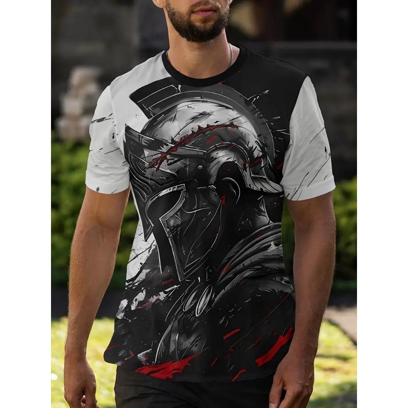 Men's Stylish Warrior Graphic T Shirt Clothes Full Print Short Sleeve Crew Neck Casual Tshirts Tops New In Mens Tees Streetwear
