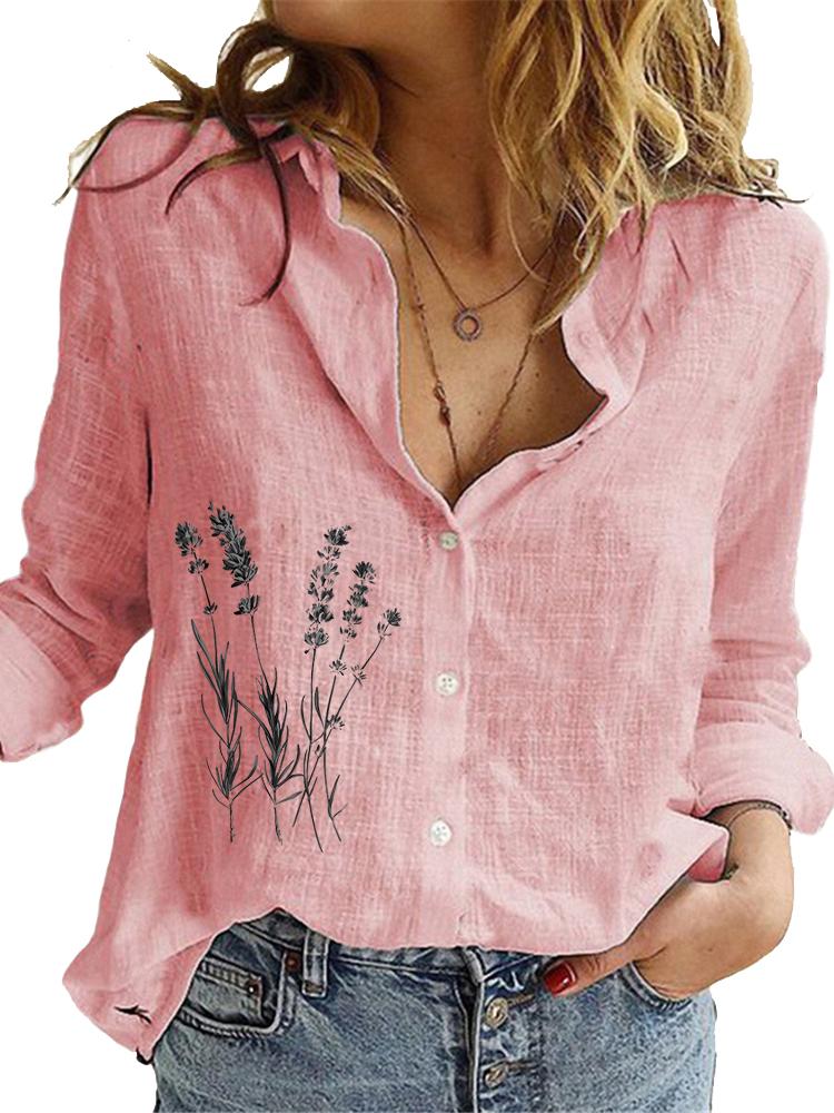 Women Fashion Long Sleeve Shirt Loose Cotton Linen Top Ladies Casual Print Blouses