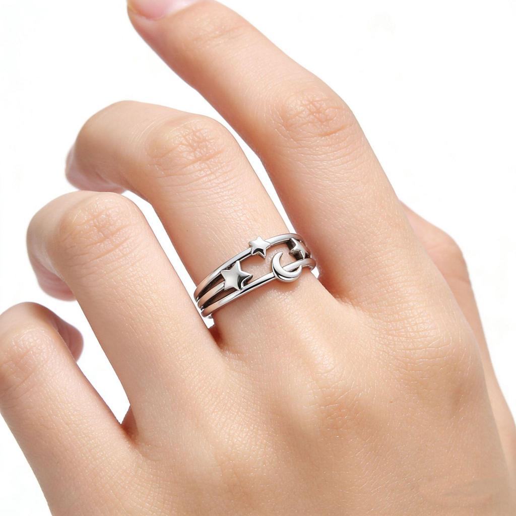 CaiYi S925 Sterling Silver Star & Moon Korean Style Ring for Women – Unique Design, Hollow Star Moon Index Finger Ring