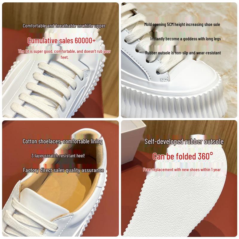 Women's Genuine Leather Thick-Soled White Shoes, Spring 2026 New Arrival, Versatile Platform Sneakers That Slim the Feet.